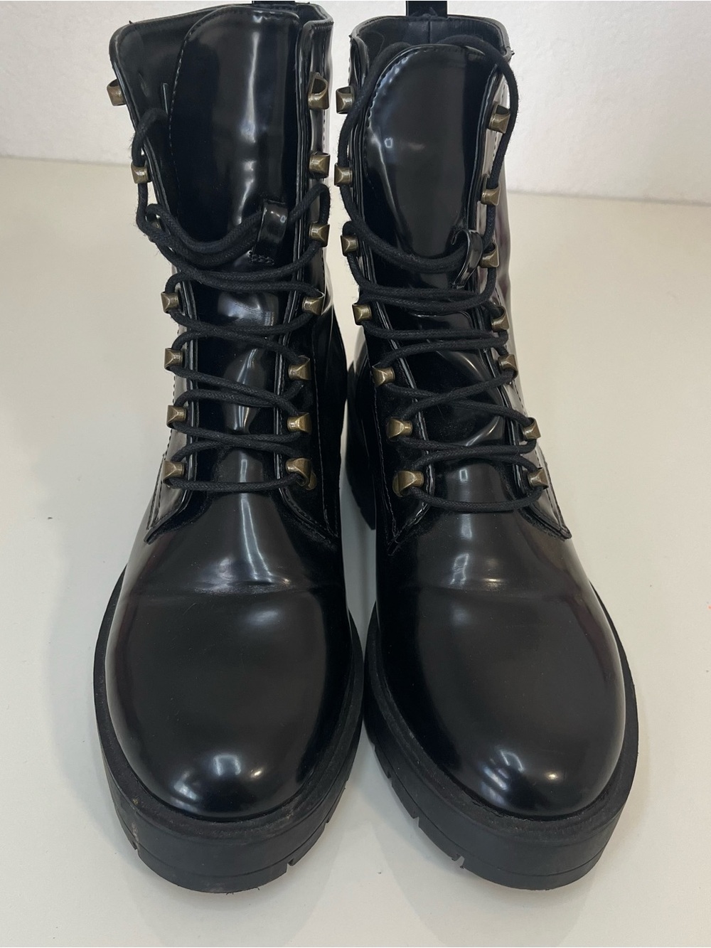 Forever 21 Black Glossy Lace-Up Combat Boots Size 7.5